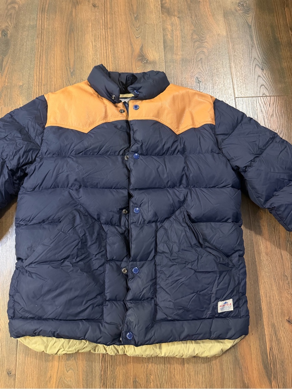 Penfield Navy Down Puffer Jacket with Tan Leather Shoulder Western accent